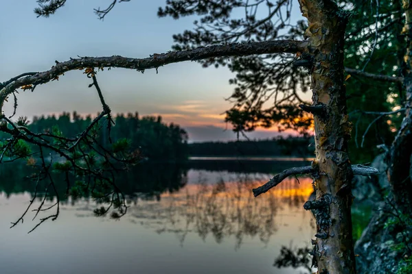 Pôr Sol Nas Margens Calmo Lago Saimaa Parque Nacional Kolovesi — Fotografia de Stock
