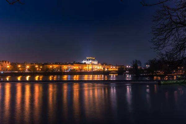 Illuminated Classical Buildings Street Lights Reflecting Vltava River Prague Cold — Stock Photo, Image