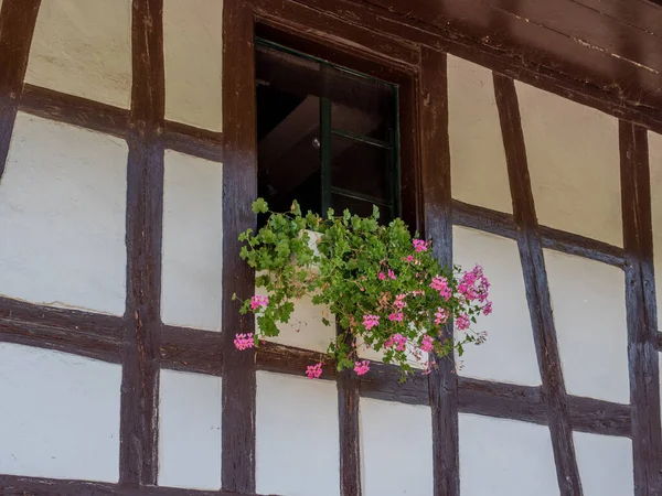 Staré Okno Farmy Venkově Švýcarsko Typickými Jeřáby Květiny — Stock fotografie