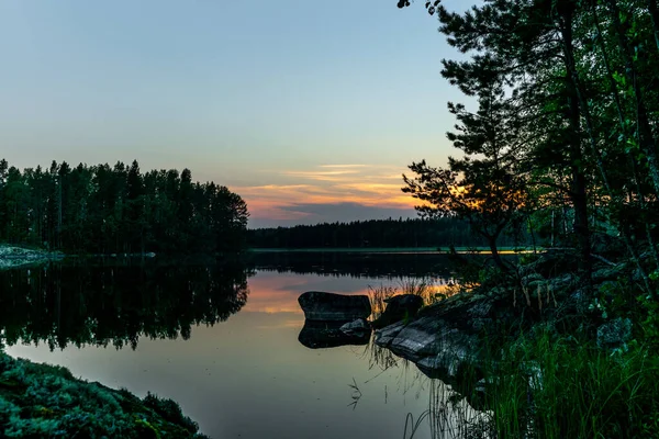 Sunset Shores Calm Saimaa Lake Kolovesi National Park Finland — Stock Photo, Image