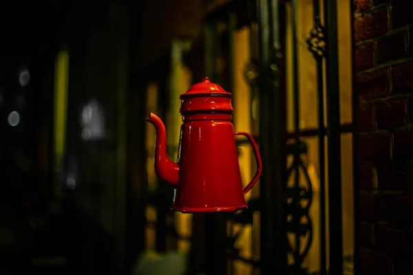 Cafetera Roja Fría Noche Calle Copenhague —  Fotos de Stock