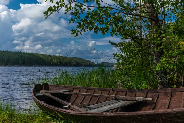 Old Wooden Rowing Boat Shore Saimaa Lake Finland — Stock Photo, Image