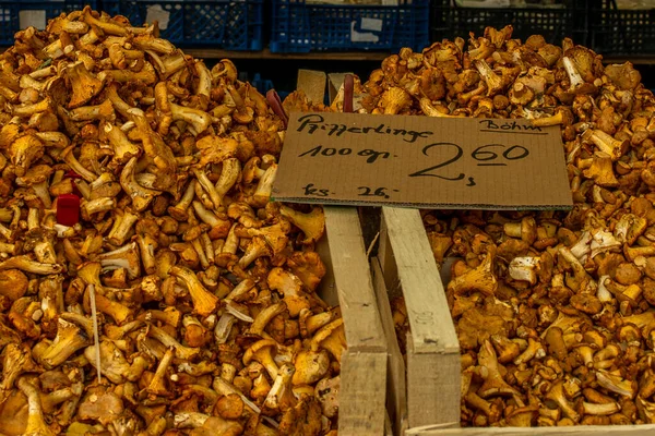 Baskets of fresh chanterelle mushrooms at farmers market in Munich in Germany