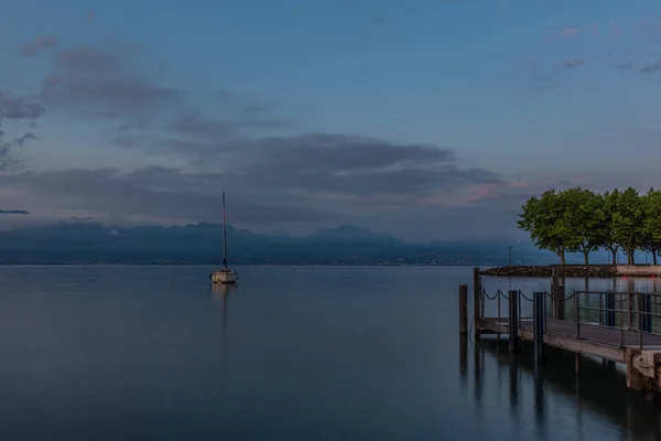 Nascer Sol Colorido Marina Lausanne Lago Leman Verão Com Vista — Fotografia de Stock