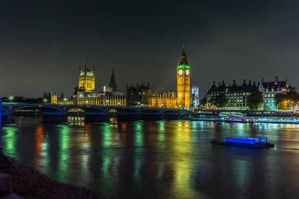 Big Ben Och Reflektioner Themsen Natten London — Stockfoto