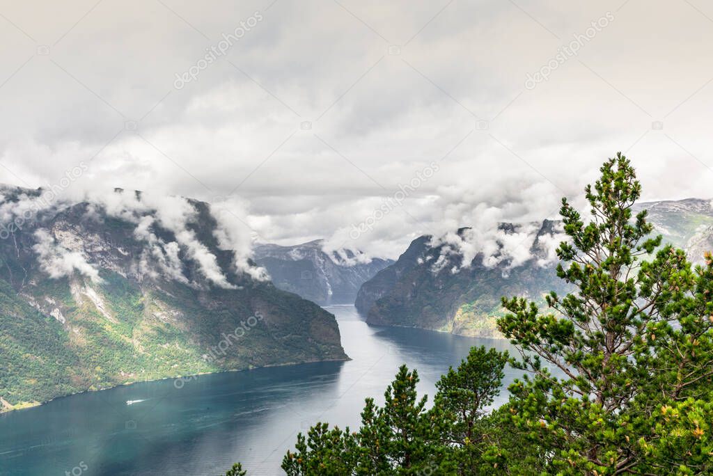 View of the fjord of Aurland in Norway