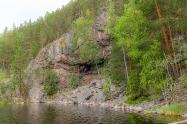 Finlandiya 'daki Kolovesi Ulusal Parkı' ndaki Saimaa gölünün kayalık uçurumlarının manzarası