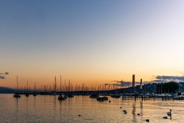 Gün doğumunda sessiz bir Cenevre marinası