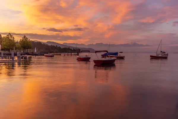 Nascer Sol Colorido Marina Lausanne Lago Leman Verão Com Vista — Fotografia de Stock