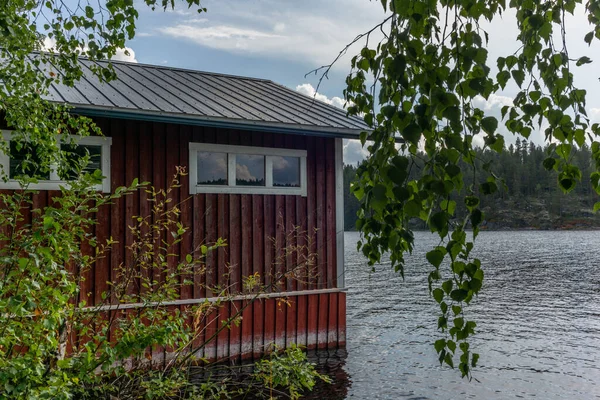 Typical Red Boat House Shore Saimaa Lake Finland — Stock Photo, Image