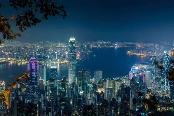 Geceleri Central Hong Kong Işıkları Ufuk Çizgisi — Stok fotoğraf
