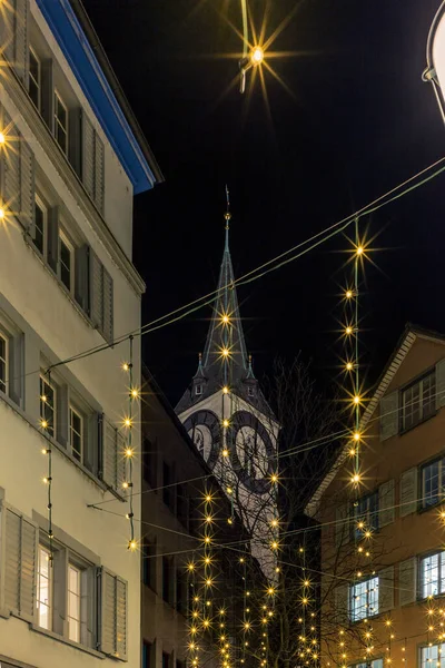 Uitzicht Sint Pieterskerk Zürich Met Kerstmis — Stockfoto