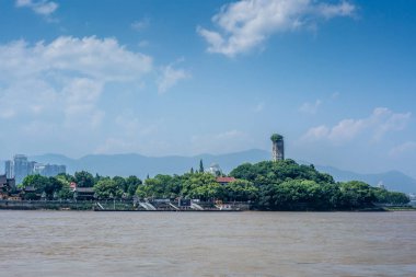 Çin 'in Wenzhou kentindeki Jiangxin adasındaki Doğu Pagoda' nın manzarası tapınak ve ağaçların tepesinde. 