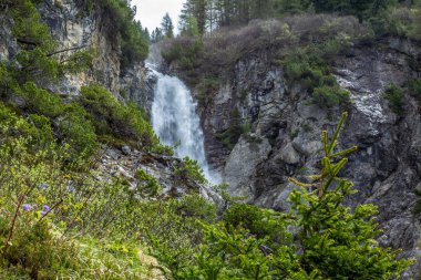 Güneşli bir bahar gününde İsviçre Alplerinde Lenzerheide yakınlarındaki şelale manzarası 