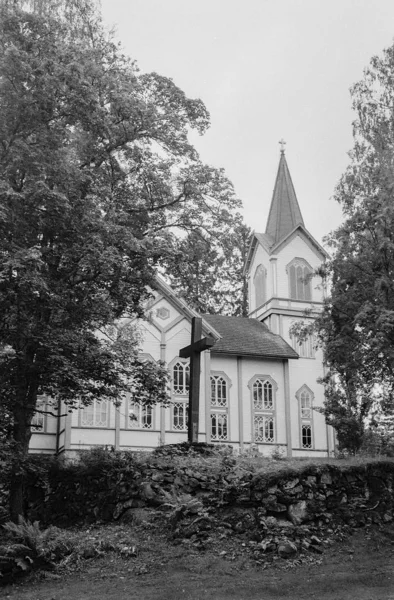 Stary Drewniany Kościół Enonkoskiego Finlandii Nakręcony Analogową Fotografią Filmową — Zdjęcie stockowe