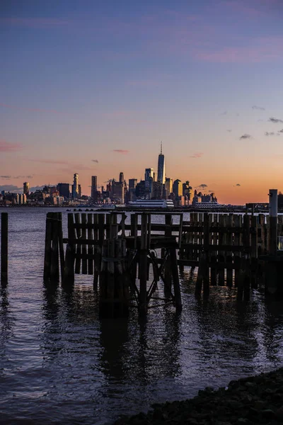 Pôr Sol Arranha Céus Manhattan Nova Iorque Rio Hudson Inverno — Fotografia de Stock