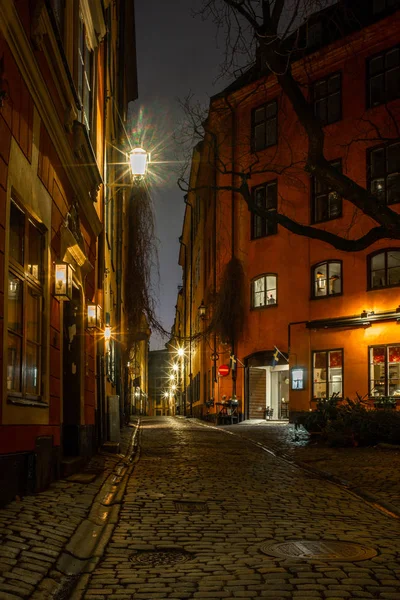 Vecchia Strada Acciottolata Stoccolma Notte — Foto Stock