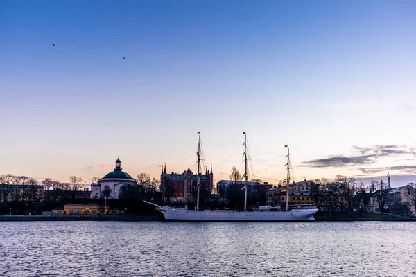 Viejo Velero Blanco Estocolmo Durante Colorido Amanecer — Foto de Stock