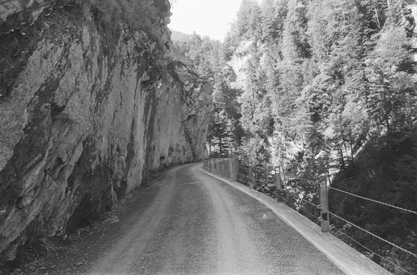 スイスのバッド ラガズ近くのタミナ渓谷の底の小石の道は アナログフィルム写真で撮影されました — ストック写真