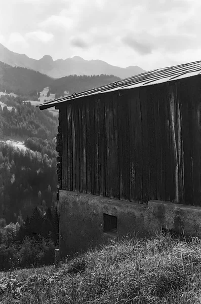 Arka Planda Sviçre Alpleri Olan Hayvan Barınakları Için Eski Ahşap — Stok fotoğraf