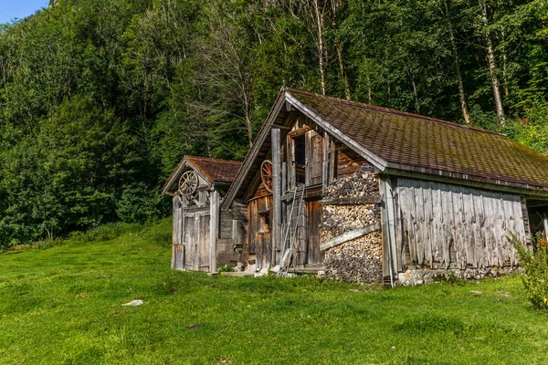 Antiguo Establo Troncos Los Prados Alpinos Cubiertos Hierba Verde Cantón — Foto de Stock