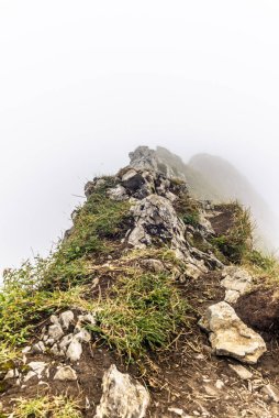 Apenzell 'deki Alpstein dağ sırasındaki görkemli Schaefler zirvesinin saran sisi ve bulutları