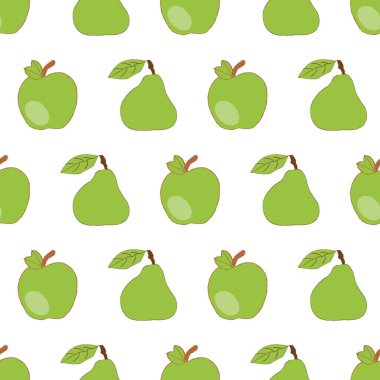 Yeşil elmalar ve armutlar el çizimi vektörü tekrarlanan iz arkaplan tasarımı