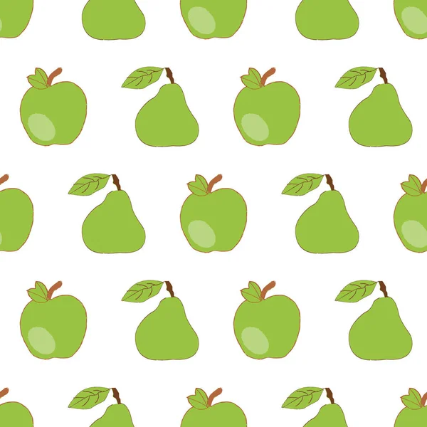 緑のりんごと梨の手描きベクトル繰り返しパターンプリント背景デザイン — ストックベクタ
