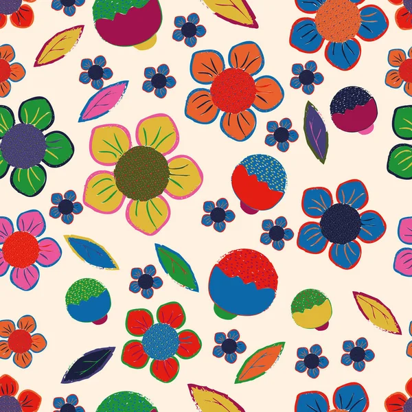 Renkli çiçekler ve yapraklar pürüzsüz tekrar desen yazdırma arkaplanı — Stok Vektör