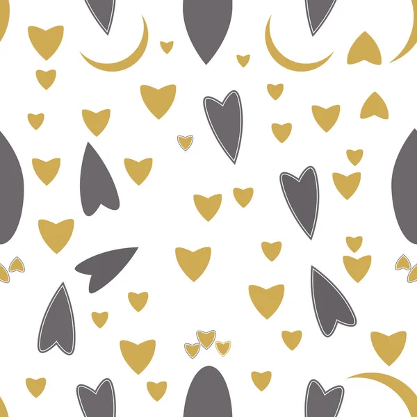Gold, grey and white hearts and moon repeat pattern print background — Stock Vector