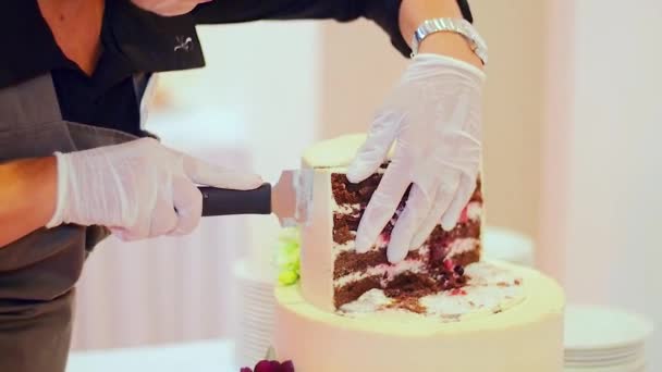 Lo staff dell'hotel taglia professionalmente la torta nuziale . Video Stock Royalty Free