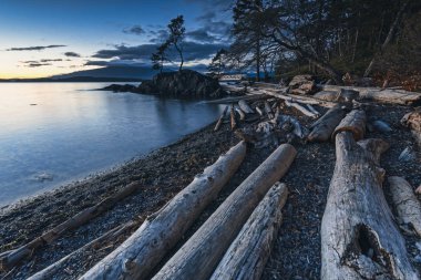 Rocky plajı günbatımları, Howe Sound 'daki Pacific North West Bowen Adası boyunca uzanır. Vancouver Bc Kanada kıyılarının hemen açıklarında muhteşem deniz feneri manzarası vardır..