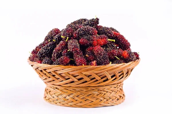 Sweet Mulberries Brown Basket White Background Healthy Mulberry Fruit Food — Stock Photo, Image