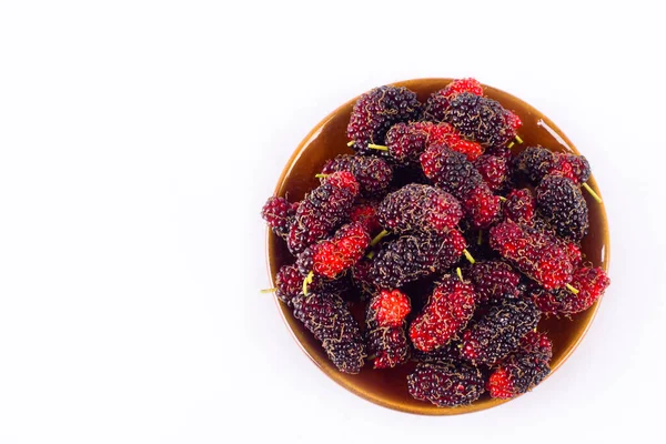 Branch Ripe Mulberry Fruit Brown Bowl White Background Healthy Mulberry — Stock Photo, Image