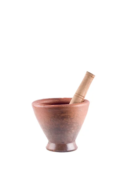 Clay Mortar Wood Pestle Kitchen Used Make Papaya Salad White — Stock Photo, Image