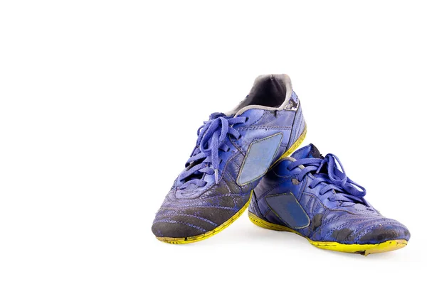 Old Blue Worn Out Futsal Sports Shoes White Background Soccer — Stock Photo, Image