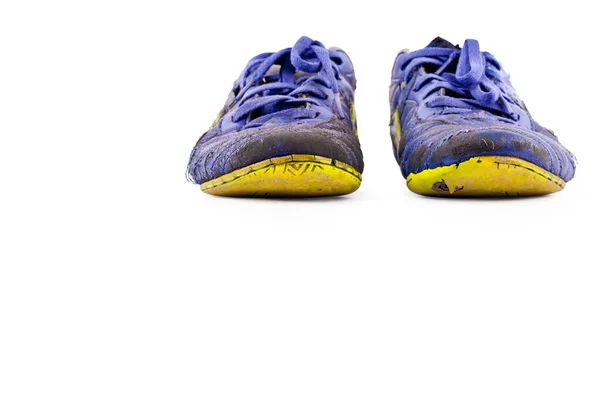 Старые Изношенные Грязные Голубые Мини Футбольные Ботинки Белом Фоне Футбол — стоковое фото