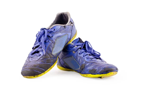 Старые Использованные Синие Изношенные Мини Футбольные Спортивные Туфли Белом Фоне — стоковое фото