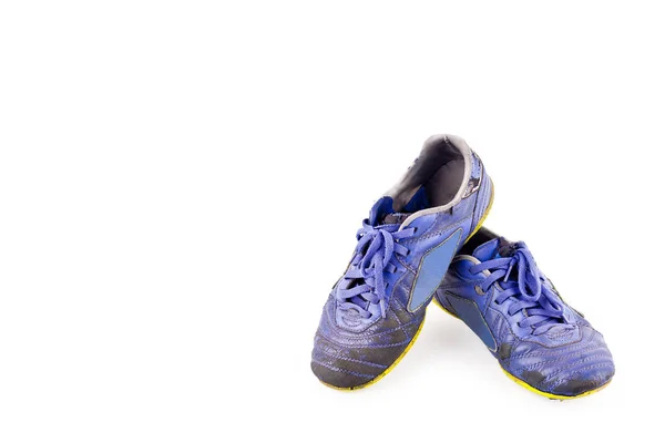 Παλιά Μπλε Φθαρμένα Futsal Αθλητικά Παπούτσια Λευκό Φόντο Ποδόσφαιρο Αθλητισμός — Φωτογραφία Αρχείου