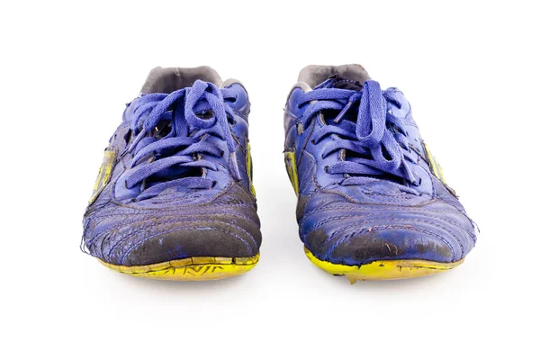 Old Worn Out Dirty Blue Futsal Sports Shoes White Background — Stock Photo, Image