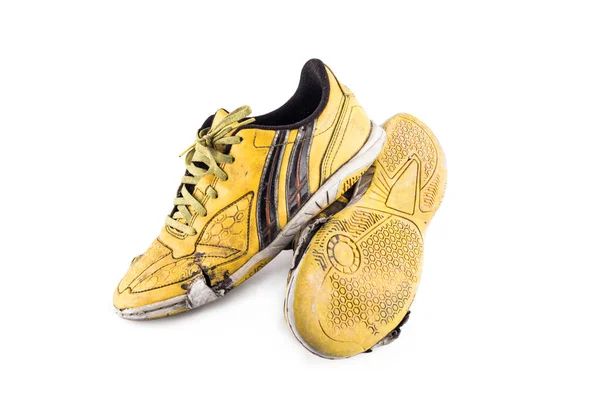 Sapatos Esportes Futsal Amarelo Velho Palmilha Danificada Fundo Branco Futebol — Fotografia de Stock
