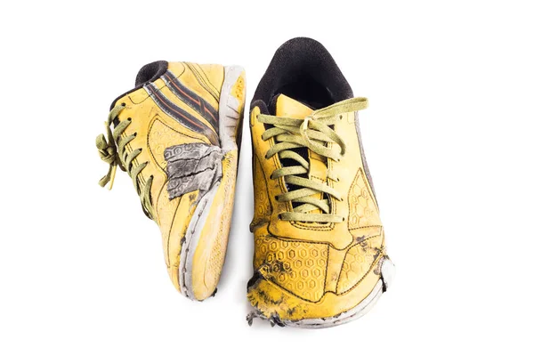 Старые Использованные Желтые Изношенные Мини Футбольные Спортивные Туфли Белом Фоне — стоковое фото
