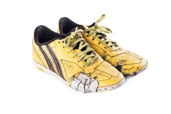 Old Worn Out Dirty Yellow Futsal Sports Shoes White Background — Stock Photo, Image