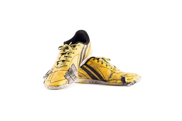 Velho Usado Amarelo Desgastado Futsal Esportes Sapatos Fundo Branco Futebol — Fotografia de Stock