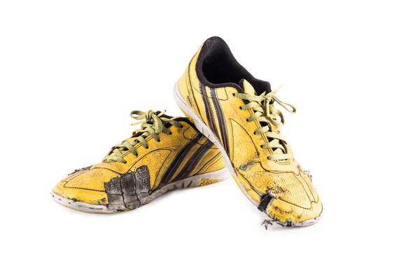 Eski Sarı Futsal Spor Ayakkabıları Taban Tabanı Beyaz Arka Plan — Stok fotoğraf