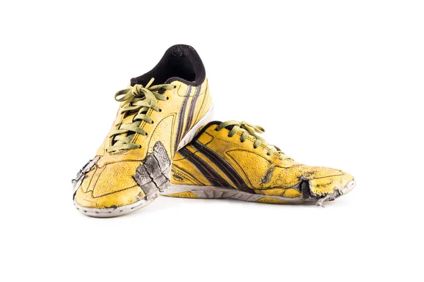Old Yellow Worn Out Futsal Sports Shoes White Background Soccer — Stock Photo, Image