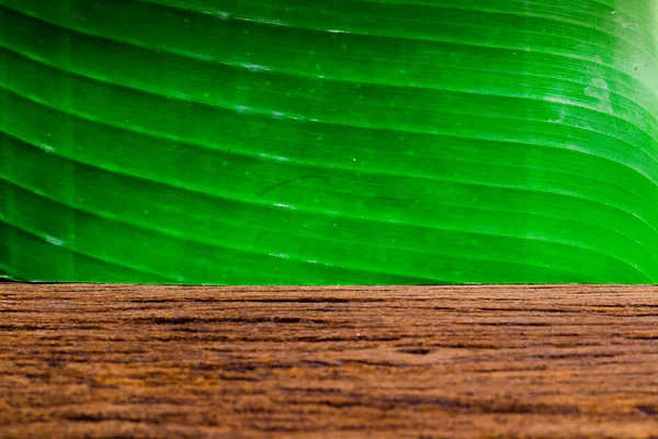 Grüne Bananenblätter Und Braunes Holz Auf Natürlichem Hintergrund — Stockfoto