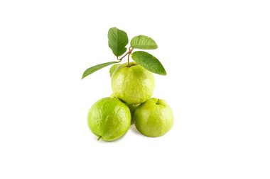 Beyaz zemin üzerinde guava ve guava yaprağı grubu.