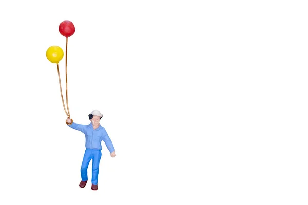 Miniatur Menschen Halten Luftballon Isoliert Auf Weißem Hintergrund Mit Clipping — Stockfoto