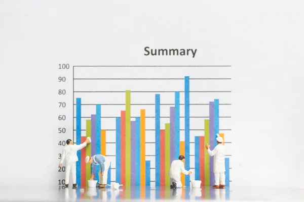 Miniature people : Worker painting business graph on white background , Business growth concept